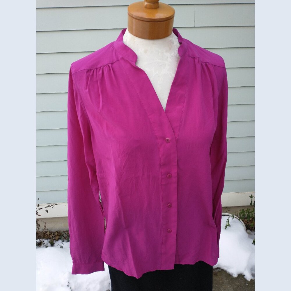 Blouse: Silk, fuchsia, band collar. Size 8 - by Diane von Furstenberg